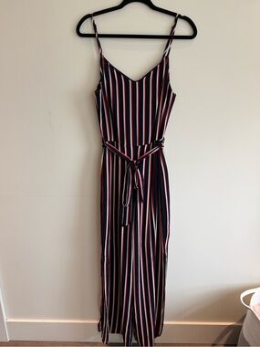 Striped Navy, Red & White Sleeveless Wide Leg Jumpsuit Waist Tie